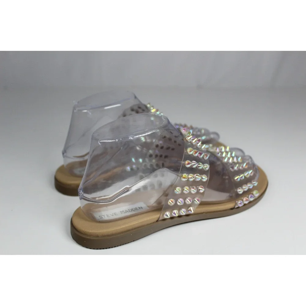 Steve Madden Iridescent Studded Clear Strap Sandals with Tan Footbed
